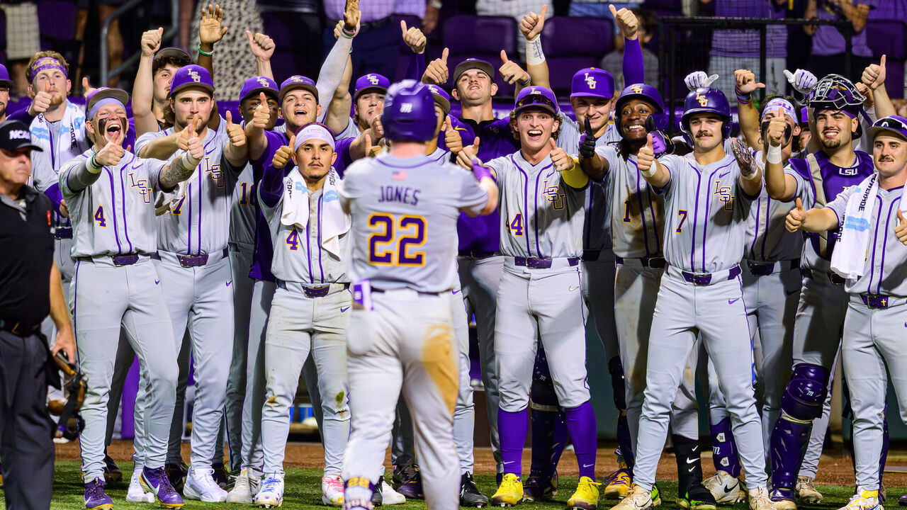BATON ROUGE, LOUISIANA - JUNE 2: The LSU Tigers celebrate against the Little Rock Trojans during the NCAA Baton Rouge Regional on June 2, 2025 at Alex Box Stadium in Baton Rouge, Louisiana.