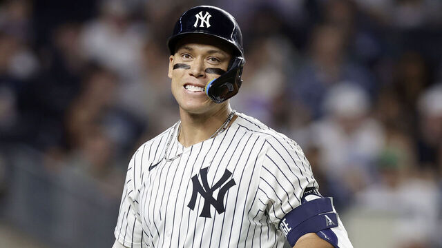 NEW YORK, NEW YORK - JUNE 18: Aaron Judge #99 of the New York Yankees reacts after striking out during the sixth inning against the Los Angeles Angels at Yankee Stadium on June 18, 2025 in New York City.