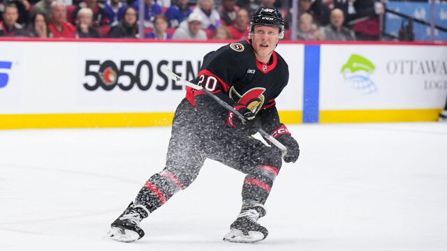 OTTAWA, CANADA - APRIL 26: Fabian Zetterlund #20 of the Ottawa Senators skates against the Toronto Maple Leafs in Game Four of the First Round of the 2025 Stanley Cup Playoffs at Canadian Tire Centre on April 26, 2025 in Ottawa, Ontario, Canada.
