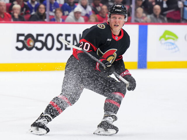 OTTAWA, CANADA - APRIL 26: Fabian Zetterlund #20 of the Ottawa Senators skates against the Toronto Maple Leafs in Game Four of the First Round of the 2025 Stanley Cup Playoffs at Canadian Tire Centre on April 26, 2025 in Ottawa, Ontario, Canada.