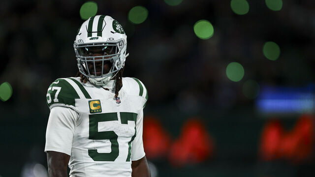 EAST RUTHERFORD, NEW JERSEY - OCTOBER 14: C.J. Mosley #57 of the New York Jets stands on the field during the first half of an NFL game against the Buffalo Bills at MetLife Stadium on October 14, 2024 in East Rutherford, New Jersey.