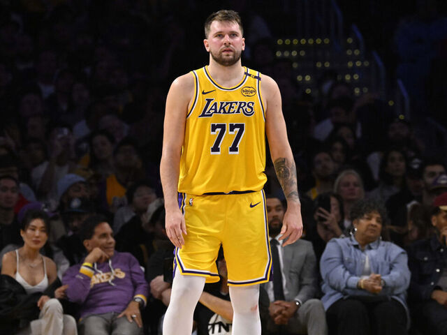 Los Angeles, CA - April 22: Luka Doncic #77 of the Los Angeles Lakers looks on against the Minnesota Timberwolves in the first half of a game 2 first round NBA basketball game at Crypto.com Arena in Los Angeles on Tuesday, April 22, 2025.