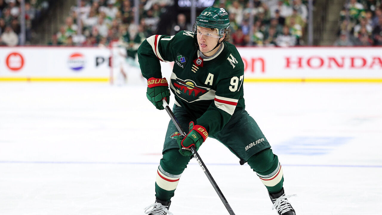 ST PAUL, MINNESOTA - APRIL 26: Kirill Kaprizov #97 of the Minnesota Wild skates with the puck against the Vegas Golden Knights in the second period of Game Four of the First Round of the 2025 Stanley Cup Playoffs at Xcel Energy Center on April 26, 2025 in St Paul, Minnesota. The Golden Knights defeated the Wild 4-3 in overtime.