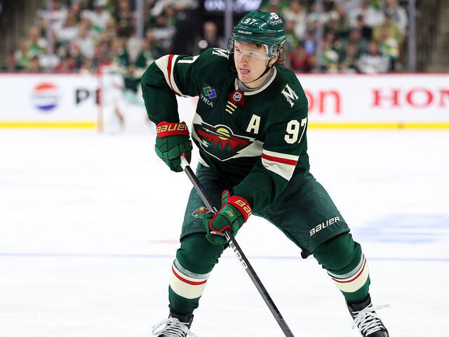 ST PAUL, MINNESOTA - APRIL 26: Kirill Kaprizov #97 of the Minnesota Wild skates with the puck against the Vegas Golden Knights in the second period of Game Four of the First Round of the 2025 Stanley Cup Playoffs at Xcel Energy Center on April 26, 2025 in St Paul, Minnesota. The Golden Knights defeated the Wild 4-3 in overtime.