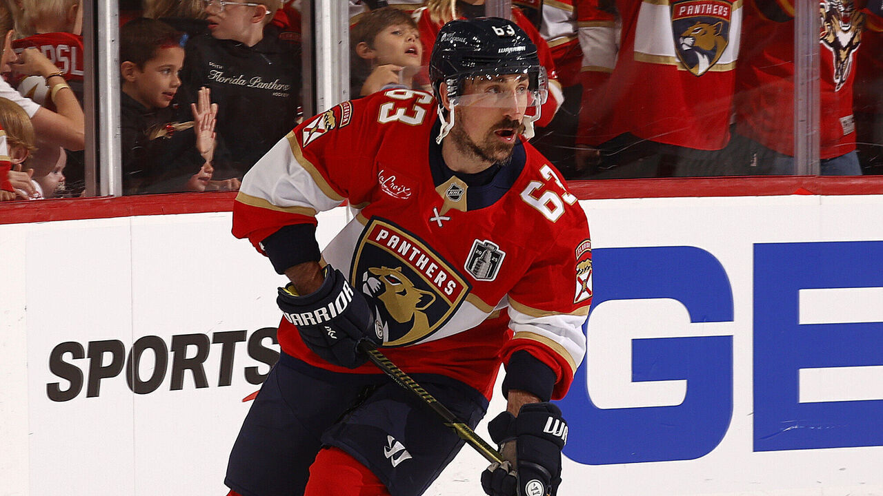 SUNRISE, FLORIDA -JUNE 9: Brad Marchand #63 of the Florida Panthers warms up on the ice prior to the start of the game against the Edmonton Oilers in Game Three of the 2025 Stanley Cup Final at the Amerant Bank Arena on June 9, 2025 in Sunrise, Florida.
