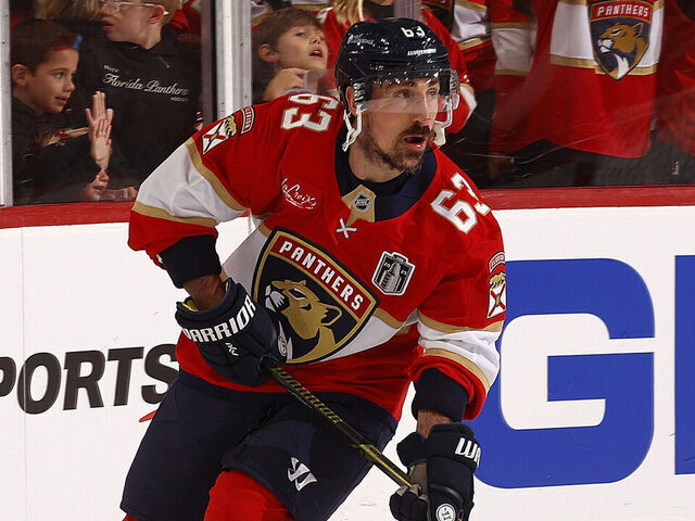 SUNRISE, FLORIDA -JUNE 9: Brad Marchand #63 of the Florida Panthers warms up on the ice prior to the start of the game against the Edmonton Oilers in Game Three of the 2025 Stanley Cup Final at the Amerant Bank Arena on June 9, 2025 in Sunrise, Florida.