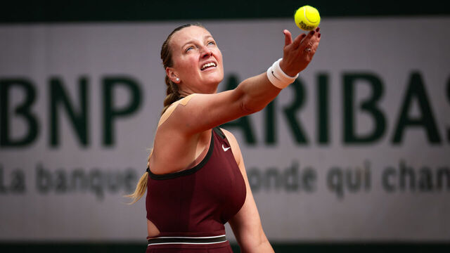 PARIS, FRANCE - MAY 25: Petra Kvitova of the Czech Republic in action against Viktorija Golubic of Switzerland in the first round on Day One of the French Open at Roland Garros on May 25, 2025 in Paris, France