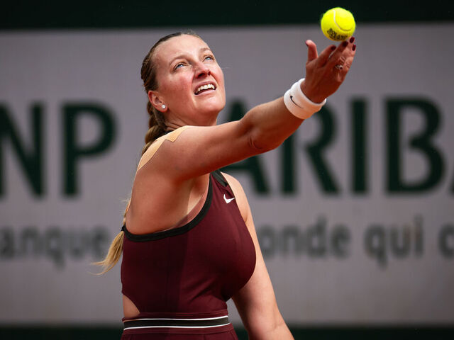 PARIS, FRANCE - MAY 25: Petra Kvitova of the Czech Republic in action against Viktorija Golubic of Switzerland in the first round on Day One of the French Open at Roland Garros on May 25, 2025 in Paris, France
