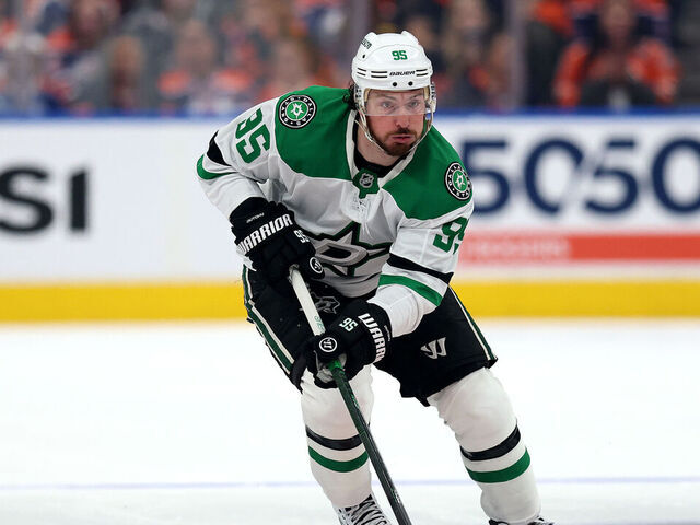 EDMONTON, ALBERTA - MAY 25: Matt Duchene #95 of the Dallas Stars skates against the Edmonton Oilers during the first period in Game Three of the Western Conference Final of the 2025 Stanley Cup Playoffs at Rogers Place on May 25, 2025 in Edmonton, Alberta.