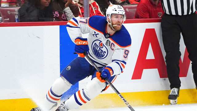 SUNRISE, FLORIDA - JUNE 17: Connor McDavid #97 of the Edmonton Oilers skates with the puck in the third period of Game Six of the 2025 Stanley Cup Final between the Edmonton Oilers and the Florida Panthers at Amerant Bank Arena on June 17, 2025 in Sunrise, Florida.