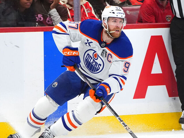 SUNRISE, FLORIDA - JUNE 17: Connor McDavid #97 of the Edmonton Oilers skates with the puck in the third period of Game Six of the 2025 Stanley Cup Final between the Edmonton Oilers and the Florida Panthers at Amerant Bank Arena on June 17, 2025 in Sunrise, Florida.
