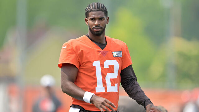 BEREA, OHIO - JUNE 12: Quarterback Shedeur Sanders #12 of the Cleveland Browns watches practice during organized team activities at CrossCountry Mortgage Campus on June 12, 2025 in Berea, Ohio.