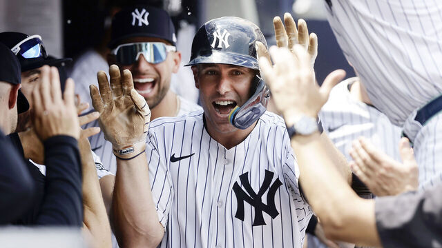 NEW YORK, NEW YORK - JUNE 19: Paul Goldschmidt #48 of the New York Yankees celebrates his second inning home run against the Los Angeles Angels with his teammates in the dugout at Yankee Stadium on June 19, 2025 in New York City.