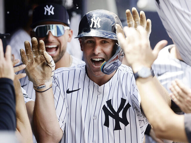 NEW YORK, NEW YORK - JUNE 19: Paul Goldschmidt #48 of the New York Yankees celebrates his second inning home run against the Los Angeles Angels with his teammates in the dugout at Yankee Stadium on June 19, 2025 in New York City.