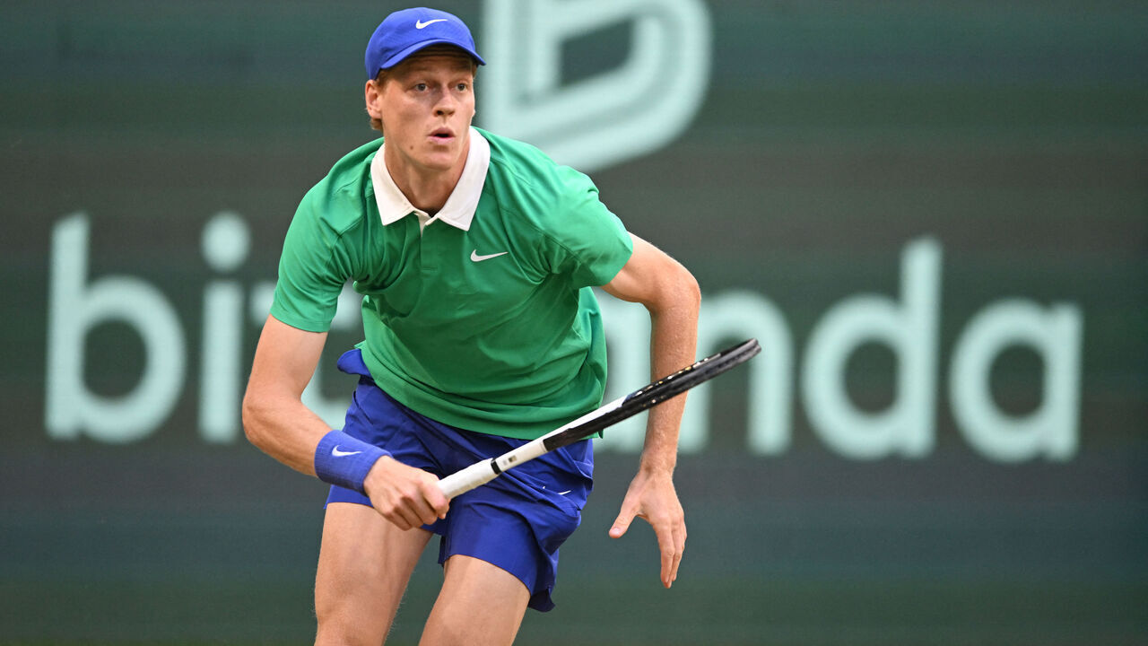 Kazakhstan's Alexander Bublik eyes the ball to Italy's Jannik Sinner in their men's singles tennis match during the Halle Open ATP tennis tournament in Halle, on June 19, 2025.