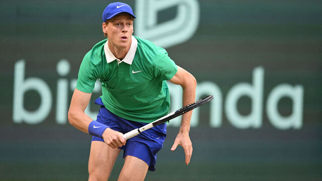 Kazakhstan's Alexander Bublik eyes the ball to Italy's Jannik Sinner in their men's singles tennis match during the Halle Open ATP tennis tournament in Halle, on June 19, 2025.