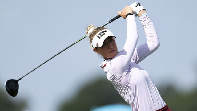 FRISCO, TEXAS - JUNE 19: Nelly Korda of the United States hits a tee shot on the sixth hole during the first round of the KPMG Women's PGA Championship 2025 at Fields Ranch East at PGA Frisco on June 19, 2025 in Frisco, Texas.