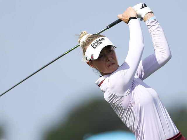 FRISCO, TEXAS - JUNE 19: Nelly Korda of the United States hits a tee shot on the sixth hole during the first round of the KPMG Women's PGA Championship 2025 at Fields Ranch East at PGA Frisco on June 19, 2025 in Frisco, Texas.