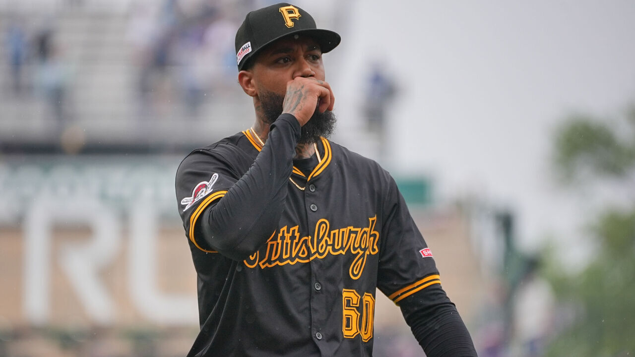 CHICAGO, IL - JUNE 13: Dennis Santana #60 of the Pittsburgh Pirates celebrates during the game between the Pittsburgh Pirates and the Chicago Cubs at Wrigley Field on Friday, June 13, 2025 in Chicago, Illinois.