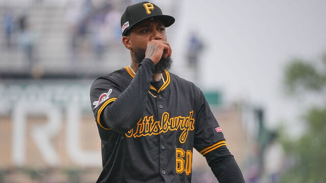 CHICAGO, IL - JUNE 13: Dennis Santana #60 of the Pittsburgh Pirates celebrates during the game between the Pittsburgh Pirates and the Chicago Cubs at Wrigley Field on Friday, June 13, 2025 in Chicago, Illinois.