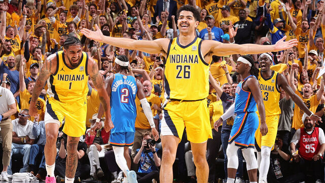 INDIANAPOLIS, IN - JUNE 19: Ben Sheppard #26 of the Indiana Pacers celebrates during the game against the Oklahoma City Thunder during Game Six of the 2025 NBA Finals on June 19, 2025 at Gainbridge Fieldhouse in Indianapolis, Indiana. Mandatory Copyright Notice: Copyright 2025 NBAE