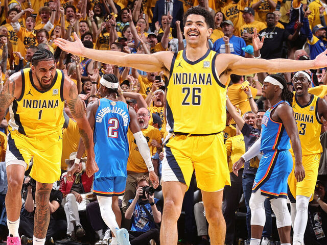 INDIANAPOLIS, IN - JUNE 19: Ben Sheppard #26 of the Indiana Pacers celebrates during the game against the Oklahoma City Thunder during Game Six of the 2025 NBA Finals on June 19, 2025 at Gainbridge Fieldhouse in Indianapolis, Indiana. Mandatory Copyright Notice: Copyright 2025 NBAE