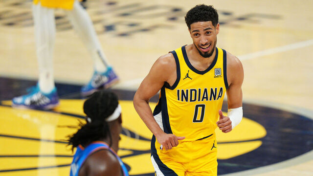 INDIANAPOLIS, IN - JUNE 19: Tyrese Haliburton #0 of the Indiana Pacers smiles during the game against the Oklahoma City Thunder during Game Six of the 2025 NBA Finals on June 19, 2025 at Gainbridge Fieldhouse in Indianapolis, Indiana. Mandatory Copyright Notice: Copyright 2025 NBAE