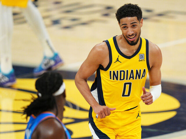 INDIANAPOLIS, IN - JUNE 19: Tyrese Haliburton #0 of the Indiana Pacers smiles during the game against the Oklahoma City Thunder during Game Six of the 2025 NBA Finals on June 19, 2025 at Gainbridge Fieldhouse in Indianapolis, Indiana. Mandatory Copyright Notice: Copyright 2025 NBAE
