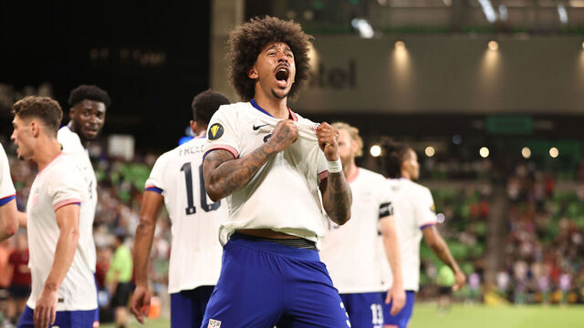 AUSTIN, TEXAS - JUNE 19: Chris Richards #3 of United States celebrates after scoring his team's first goal during the Group Stage - Group D match between Saudi Arabia and United States as part of the 2025 CONCACAF Gold Cup at Q2 Stadium on June 19, 2025 in Austin, Texas.