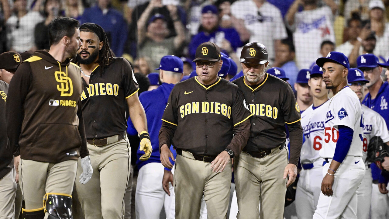 Los Angeles, CA - June 19: Benches cleared after Fernando Tatis Jr. #23 of the San Diego Padres was hit by a pitch by relief picture Jack Little (not pictured) of the Los Angeles Dodgers in the ninth inning during a baseball game at Dodger Stadium in Los Angeles on Thursday, June 19, 2025.