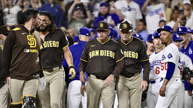 Los Angeles, CA - June 19: Benches cleared after Fernando Tatis Jr. #23 of the San Diego Padres was hit by a pitch by relief picture Jack Little (not pictured) of the Los Angeles Dodgers in the ninth inning during a baseball game at Dodger Stadium in Los Angeles on Thursday, June 19, 2025.