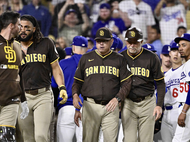 Los Angeles, CA - June 19: Benches cleared after Fernando Tatis Jr. #23 of the San Diego Padres was hit by a pitch by relief picture Jack Little (not pictured) of the Los Angeles Dodgers in the ninth inning during a baseball game at Dodger Stadium in Los Angeles on Thursday, June 19, 2025.