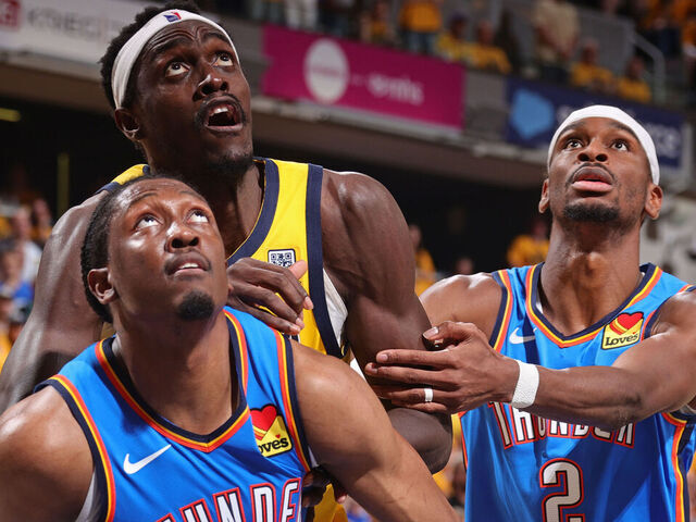 INDIANAPOLIS, IN - JUNE 19: Jalen Williams #8 and Shai Gilgeous-Alexander #2 of the Oklahoma City Thunder box out Pascal Siakam #43 of the Indiana Pacers during the game during Game Six of the 2025 NBA Finals on June 19, 2025 at Gainbridge Fieldhouse in Indianapolis, Indiana. Mandatory Copyright Notice: Copyright 2025 NBAE