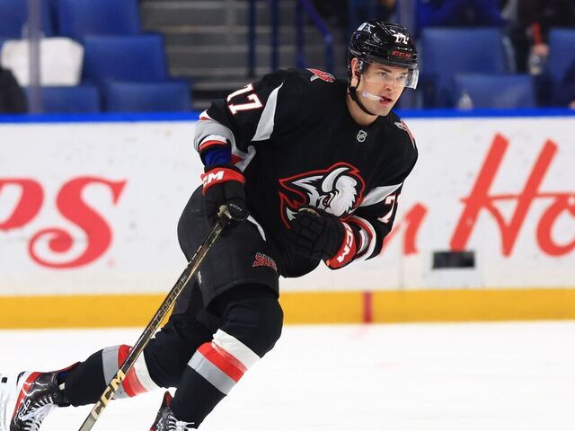 BUFFALO, NEW YORK - APRIL 17: JJ Peterka #77 of the Buffalo Sabres skates against the Philadelphia Flyers during an NHL game on April 17, 2025 at KeyBank Center in Buffalo, New York.