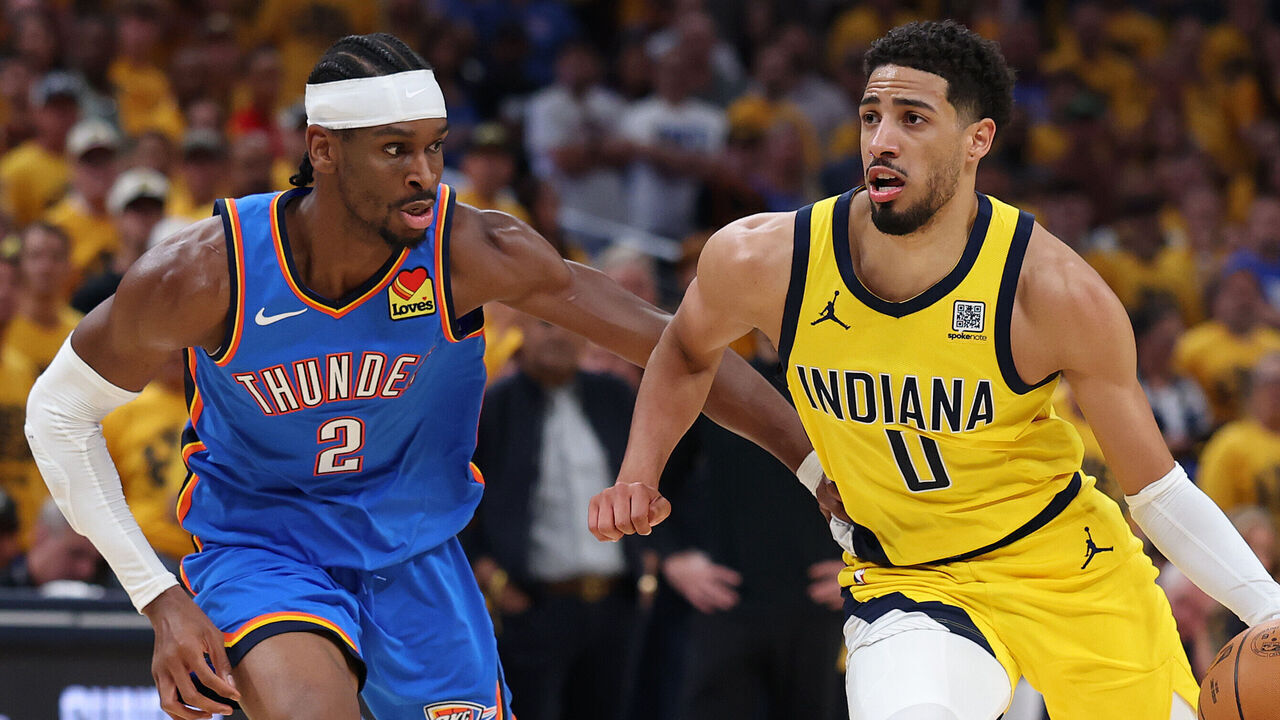 INDIANAPOLIS, INDIANA - JUNE 19: Tyrese Haliburton #0 of the Indiana Pacers is defended by Shai Gilgeous-Alexander #2 of the Oklahoma City Thunder during the second quarter in Game Six of the 2025 NBA Finals at Gainbridge Fieldhouse on June 19, 2025 in Indianapolis, Indiana.