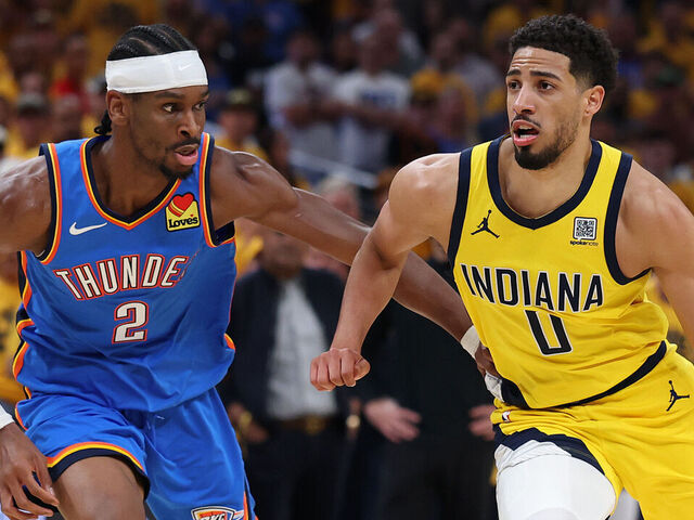INDIANAPOLIS, INDIANA - JUNE 19: Tyrese Haliburton #0 of the Indiana Pacers is defended by Shai Gilgeous-Alexander #2 of the Oklahoma City Thunder during the second quarter in Game Six of the 2025 NBA Finals at Gainbridge Fieldhouse on June 19, 2025 in Indianapolis, Indiana.