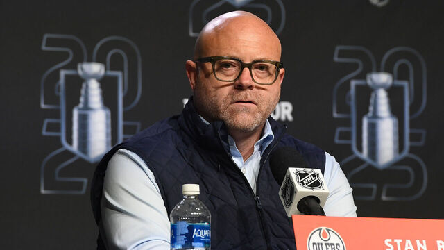 EDMONTON, ALBERTA - JUNE 03: Stan Bowman of the Edmonton Oilers speaks with the media prior to the start of the 2025 NHL Stanley Cup Final against the Florida Panthers at Rogers Place on June 03, 2025 in Edmonton, Alberta.