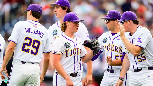OMAHA, NEBRASKA - JUNE 18: Zac Cowan #26 of the LSU Tigers in action against the Arkansas Razorbacks during the NCAA College World Series at Charles Schwab Field on June 18, 2025 in Omaha, Nebraska.