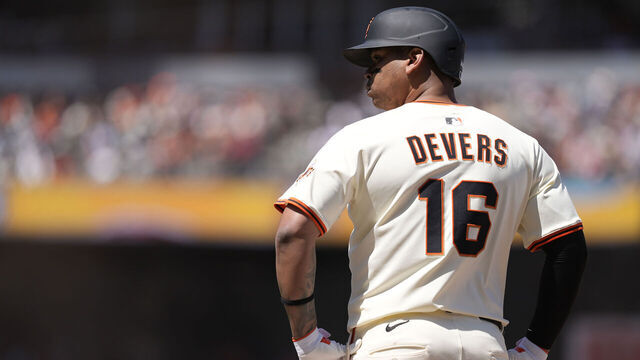 SAN FRANCISCO, CALIFORNIA - JUNE 19: Rafael Devers #16 of the San Francisco Giants at first base after hitting a single at Oracle Park on June 19, 2025 in San Francisco, California.