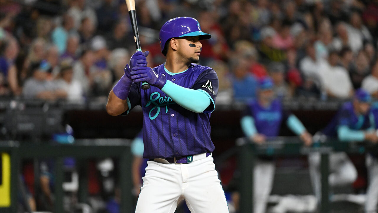 PHOENIX, ARIZONA - JUNE 13: Gabriel Moreno #14 of the Arizona Diamondbacks gets ready in the batters box against the San Diego Padres at Chase Field on June 13, 2025 in Phoenix, Arizona.