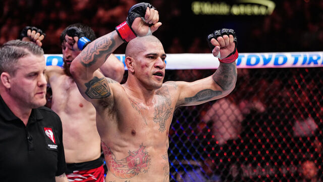 LAS VEGAS, NEVADA - MARCH 08: Alex Pereira of Brazil reacts to the end of the match in the UFC light heavyweight championship fight during the UFC 313 event at T-Mobile Arena on March 08, 2025 in Las Vegas, Nevada.
