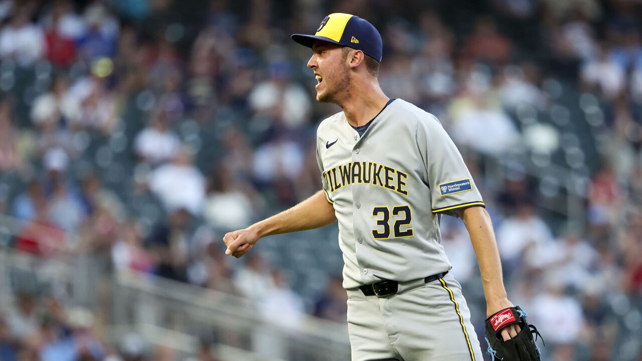 MINNEAPOLIS, MINNESOTA - JUNE 20: Jacob Misiorowski #32 of the Milwaukee Brewers celebrates after a strike out against the Minnesota Twin in the fifth inninig at Target Field on June 20, 2025 in Minneapolis, Minnesota.