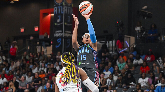 College Park, GA JUNE 20: Atlanta guard Allisha Gray (15) shoots the ball during the WNBA game between the Washington Mystics and the Atlanta Dream on June 20th, 2025 at Gateway Center Arena in College Park, GA.