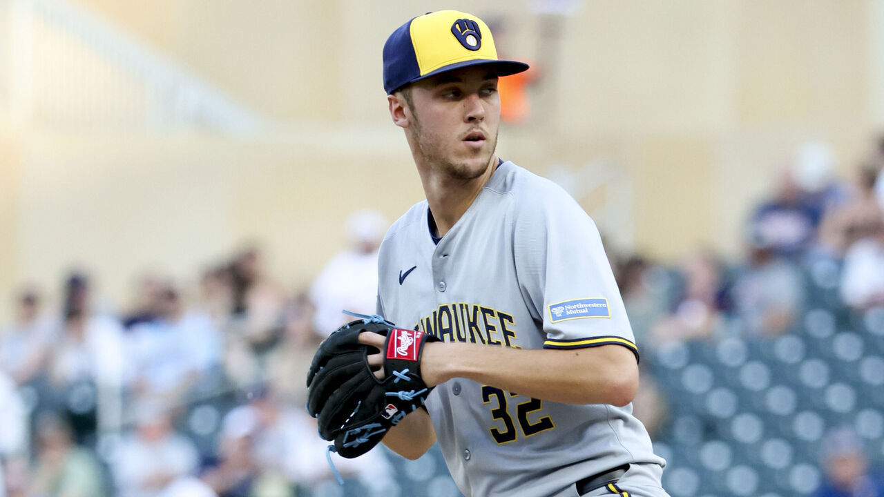 MINNEAPOLIS, MINNESOTA - JUNE 20: Jacob Misiorowski #32 of the Milwaukee Brewers delivers a pitch to the Minnesota Twins in the first inninig at Target Field on June 20, 2025 in Minneapolis, Minnesota.