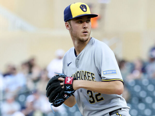 MINNEAPOLIS, MINNESOTA - JUNE 20: Jacob Misiorowski #32 of the Milwaukee Brewers delivers a pitch to the Minnesota Twins in the first inninig at Target Field on June 20, 2025 in Minneapolis, Minnesota.
