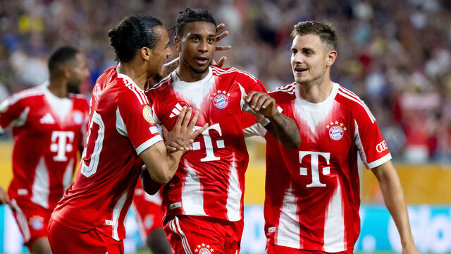 20 June 2025, USA, Miami: Soccer: Club World Cup, Bayern Munich - Boca Juniors, preliminary round, Group C, matchday 2 at the Hard Rock Stadium. Leroy Sane (l-r), Michael Olise and Josip Stanisic of Munich celebrate the 2:1 goal. Photo: Sven Hoppe/dpa