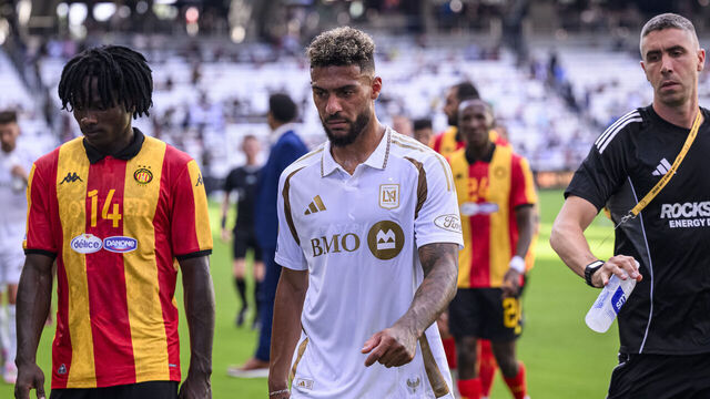 NASHVILLE, TENNESSEE - JUNE 20: Denis Bouanga of Los Angeles FC (C) walks in the field during the FIFA Club World Cup 2025 group D match between Los Angeles Football Club and Esperance de Tunis at GEODIS Park on June 20, 2025 in Nashville, United States.
