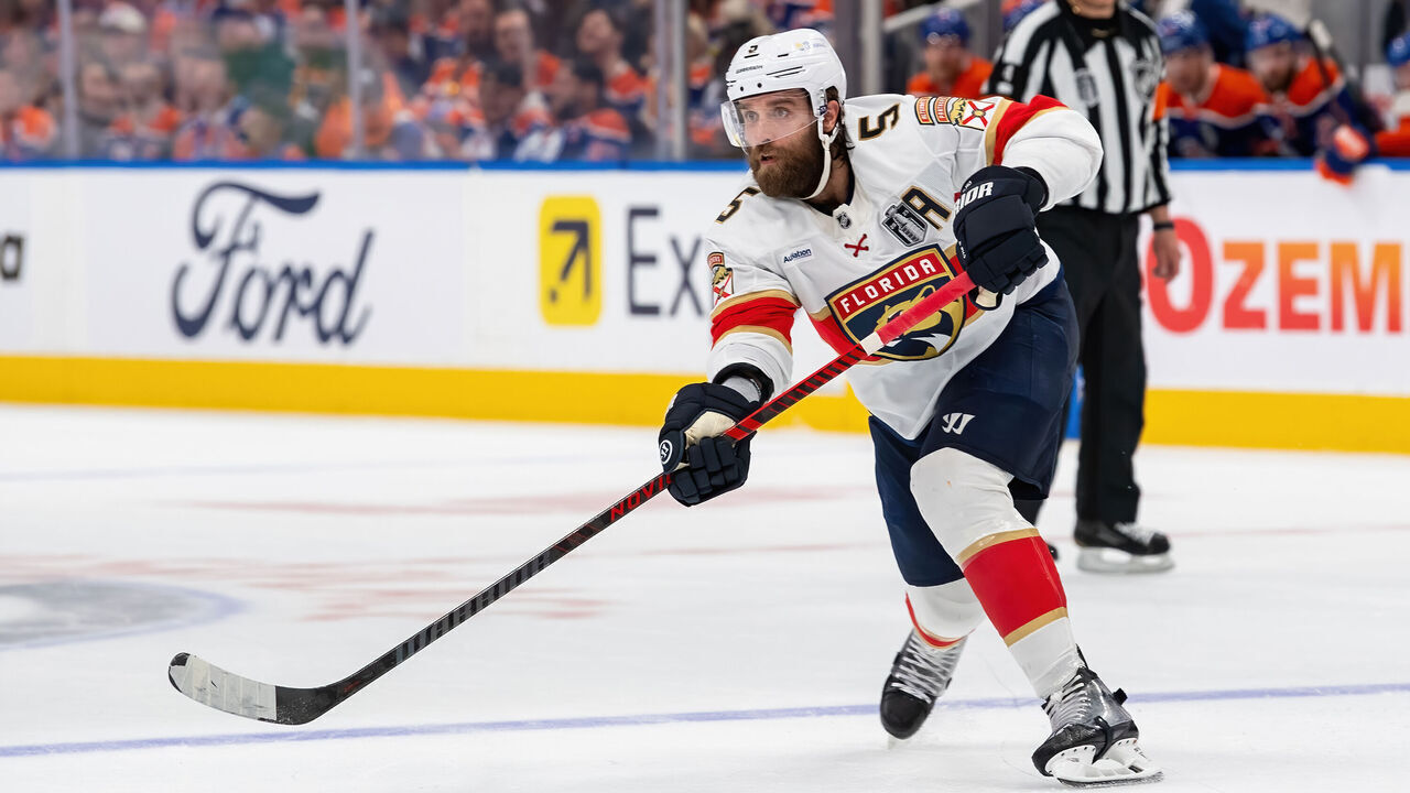 EDMONTON, CANADA - JUNE 14: Aaron Ekblad #5 of the Florida Panthers makes a pass during Game Five of the 2025 Stanley Cup Final against the Edmonton Oilers at Rogers Place on June 14, 2025 in Edmonton, Alberta, Canada.