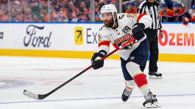 EDMONTON, CANADA - JUNE 14: Aaron Ekblad #5 of the Florida Panthers makes a pass during Game Five of the 2025 Stanley Cup Final against the Edmonton Oilers at Rogers Place on June 14, 2025 in Edmonton, Alberta, Canada.