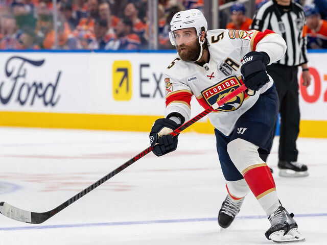 EDMONTON, CANADA - JUNE 14: Aaron Ekblad #5 of the Florida Panthers makes a pass during Game Five of the 2025 Stanley Cup Final against the Edmonton Oilers at Rogers Place on June 14, 2025 in Edmonton, Alberta, Canada.